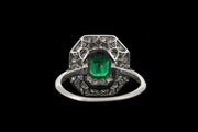 Art Deco Platinum Diamond and Emerald Double Row Cluster Ring