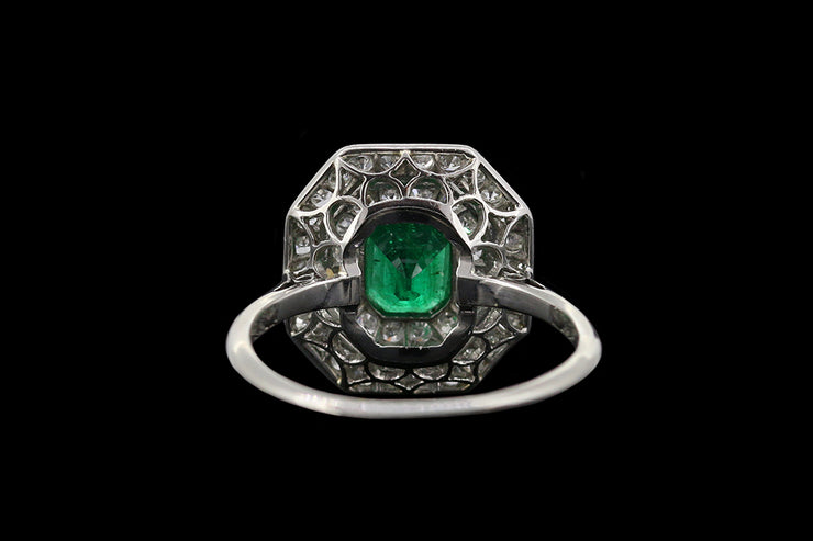 Art Deco Platinum Diamond and Emerald Double Row Cluster Ring