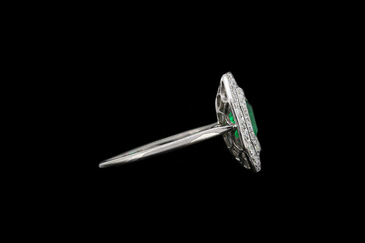 Art Deco Platinum Diamond and Emerald Double Row Cluster Ring