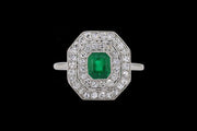 Art Deco Platinum Diamond and Emerald Double Row Cluster Ring