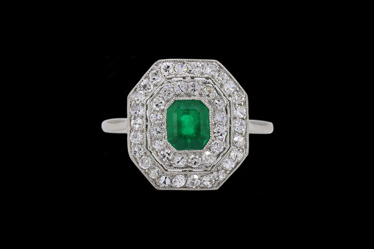 Art Deco Platinum Diamond and Emerald Double Row Cluster Ring