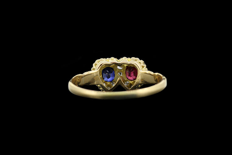 Victorian 18ct Yellow Gold Double Heart Ring set with Diamond, Ruby and Sapphire