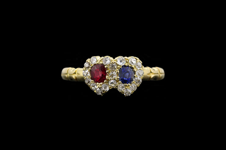 Victorian 18ct Yellow Gold Double Heart Ring set with Diamond, Ruby and Sapphire