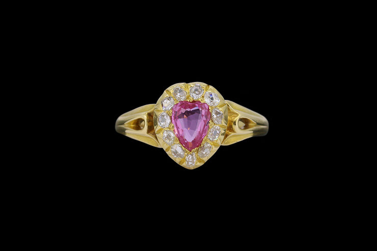 Victorian 18ct Yellow Gold Diamond and Pink Sapphire Pear Cut Cluster Ring