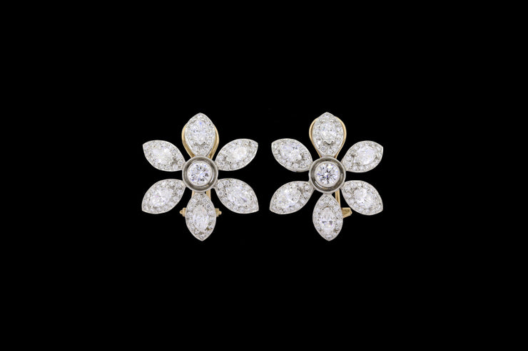 Platinum and 18ct Yellow Gold Large Diamond Flower Cluster Stud Earrings
