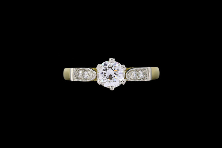 18ct Yellow Gold and Platinum Diamond Solitaire Ring with Diamond Shoulders
