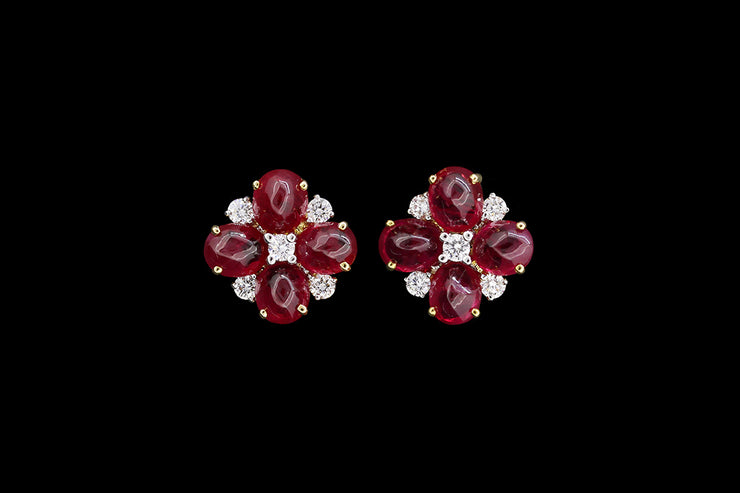 18ct Yellow Gold Diamond and Ruby Flower Cluster Stud Earrings