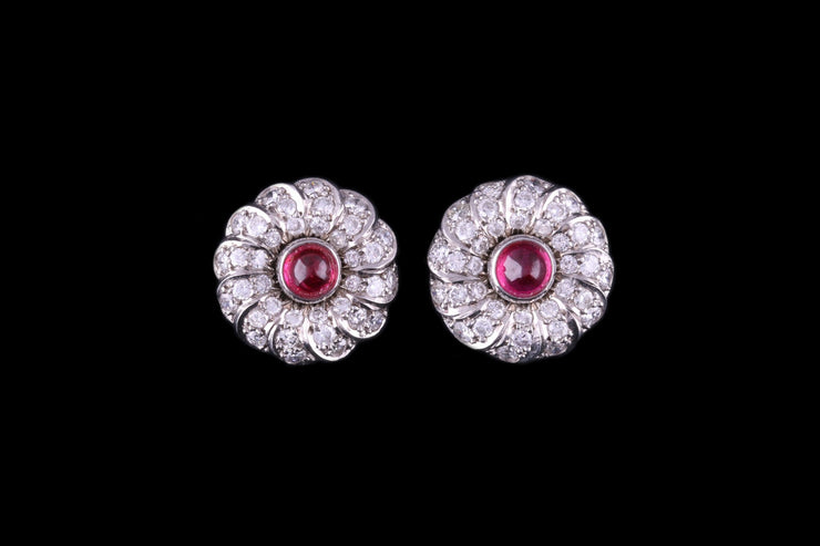 18ct White Gold Diamond and Ruby Swirl Cluster Stud Earrings