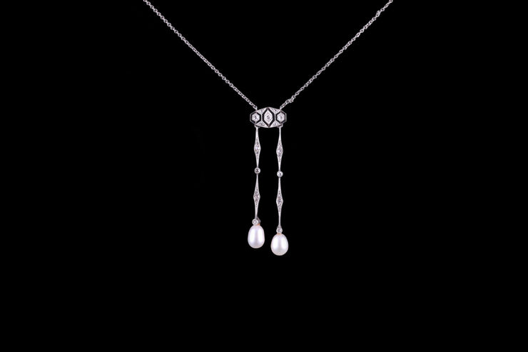 18ct White Gold Natural Pearl and Diamond Double Drop Pendant
