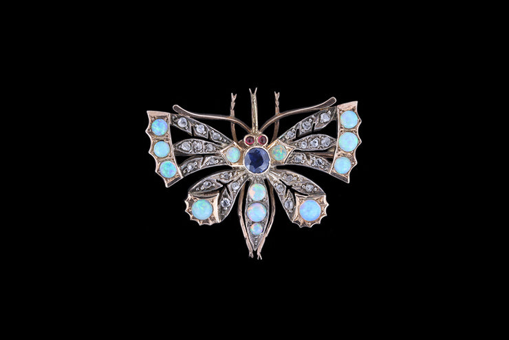 Victorian Silver Set Diamond and Opal Butterfly Brooch