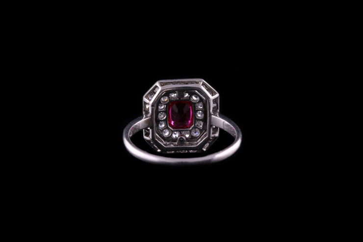 Art Deco Platinum Diamond and Ruby Cluster Ring