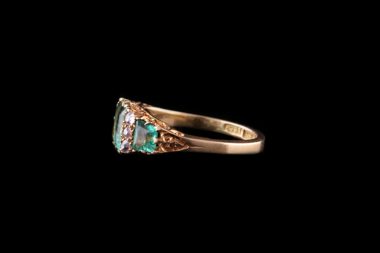 18ct Yellow Gold Diamond and Emerald Nine Stone Ring