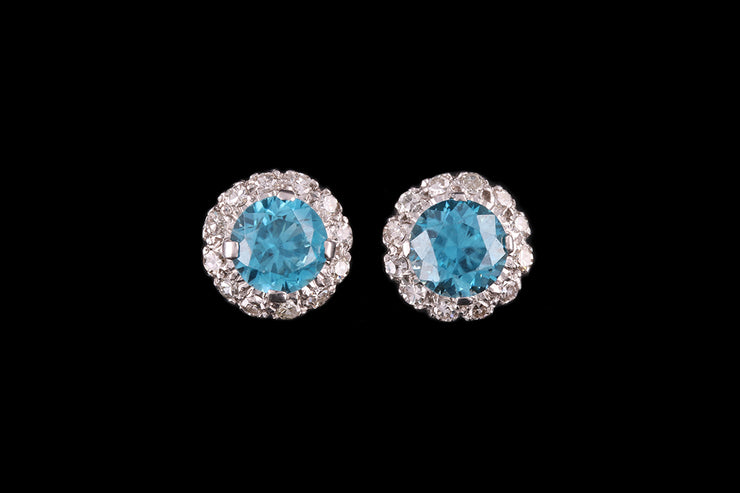 18ct White Gold Diamond and Blue Zircon Cluster Earrings