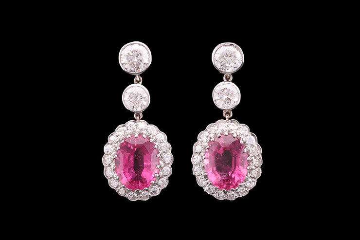 18ct White Gold Diamond and Pink Sapphire Cluster Drop Earrings