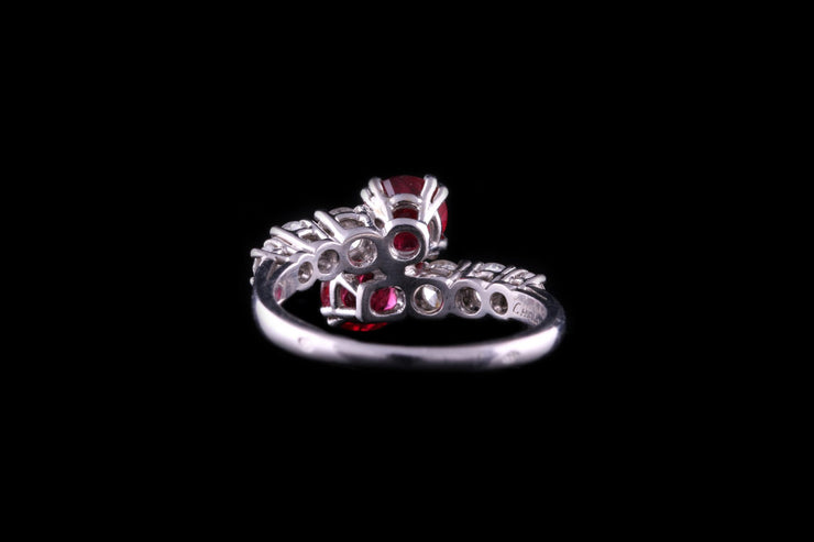 Platinum Diamond and Ruby Two Stone Crossover Ring