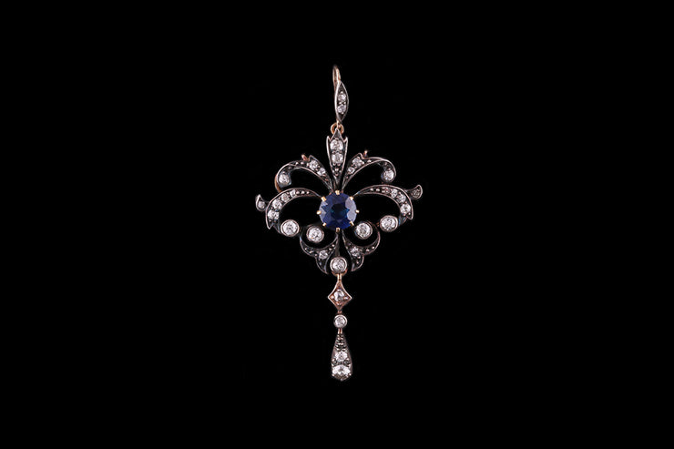 Edwardian 18ct Yellow Gold and Silver, Sapphire and Diamond Pendant
