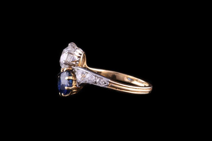French 18ct Yellow Gold and Platinum Diamond and Sapphire Twist Ring