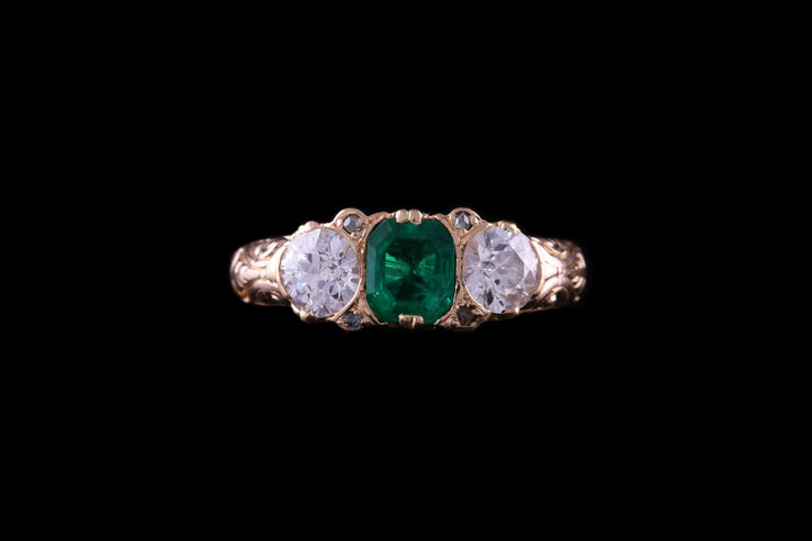 Victorian 18ct Yellow Gold Diamond and Emerald Three Stone Ring