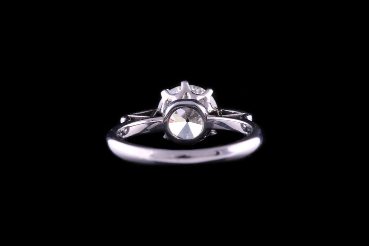 18ct White Gold Diamond Single Stone Ring with Engraved Baguette Shoulders