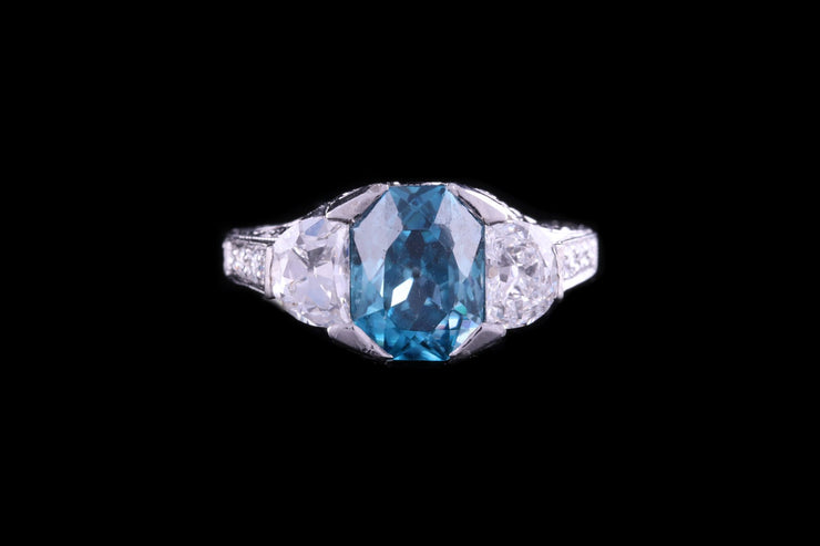 18ct White Gold Diamond and Blue Zircon Three Stone Ring