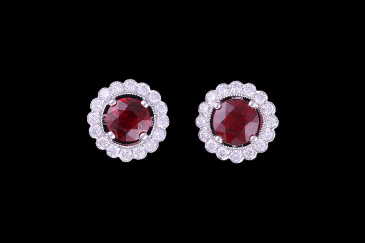 18ct White Gold Ruby and Diamond Halo Style Earrings