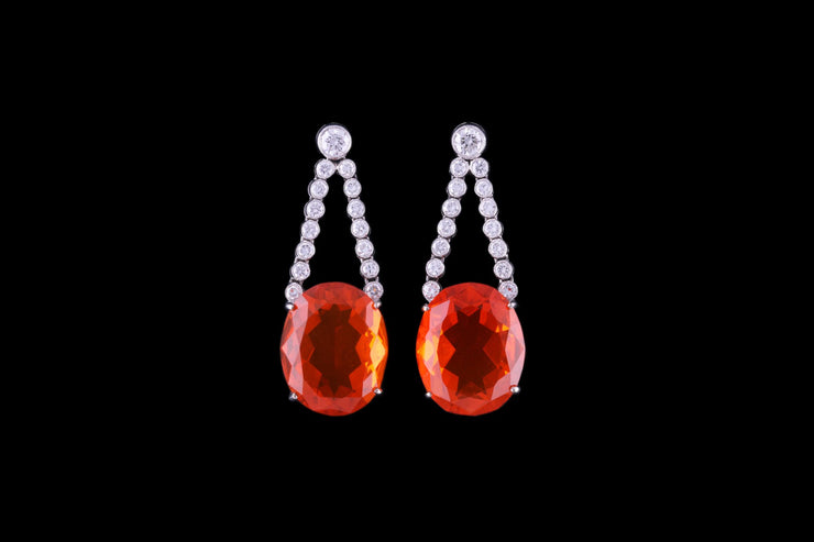 18ct White Gold Fire Opal and Diamond Drop Earrings