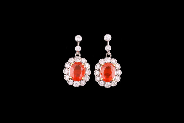18ct White Gold Diamond and Fire Opal Cluster Drop Earrings