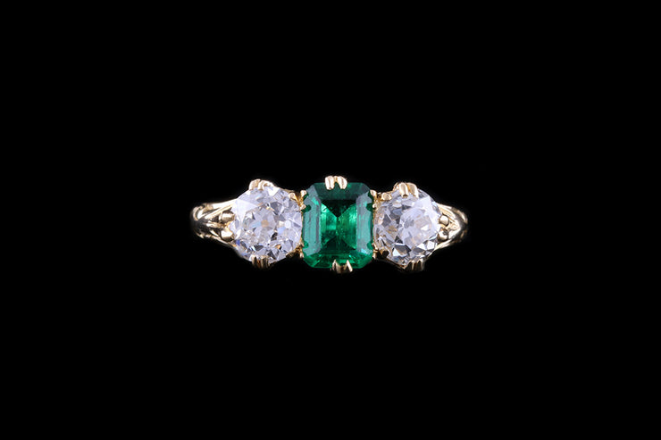 18ct Yellow Gold Diamond and Emerald Three Stone Ring