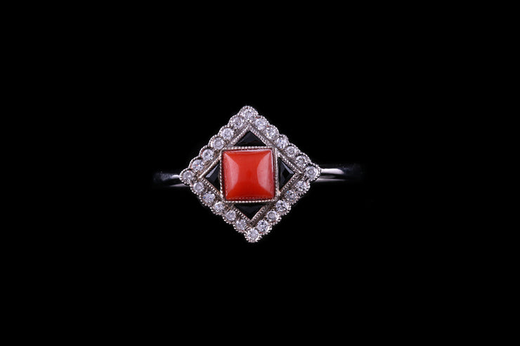 18ct White Gold Diamond, Coral and Onyx Dress Ring