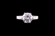 French Platinum Diamond Single Stone Ring with Baguette Shoulders