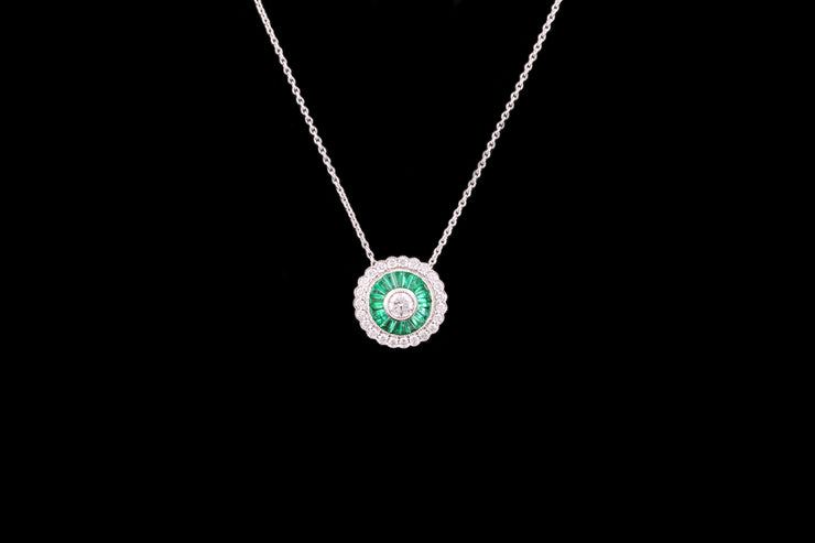 18ct White Gold Emerald and Diamond Target Style Pendant