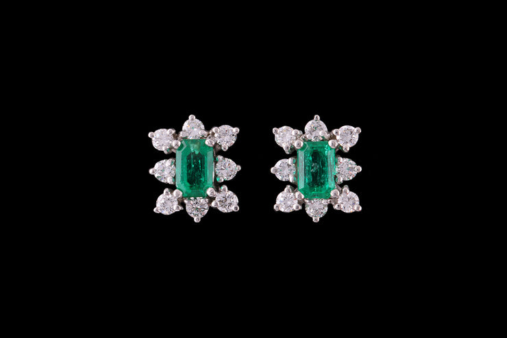 18ct White Gold Emerald and Diamond Cluster Stud Earrings