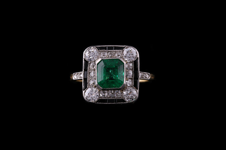 18ct Yellow Gold and Platinum Emerald, Diamond and Onyx Dress Ring