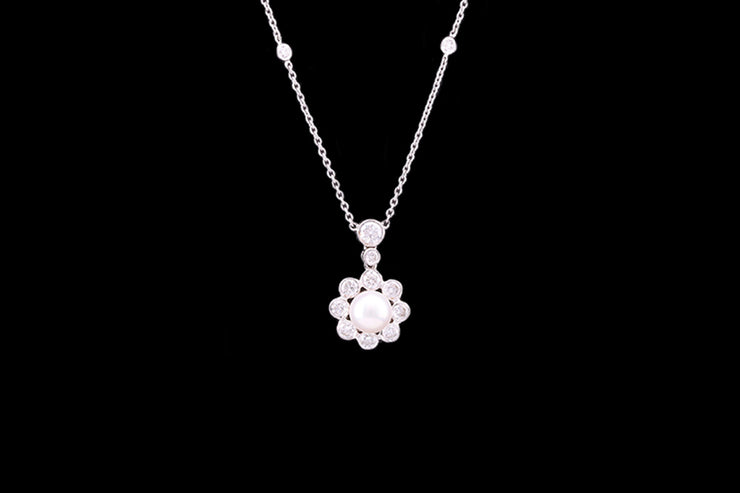 18ct White Gold Pearl and Diamond Cluster Necklace