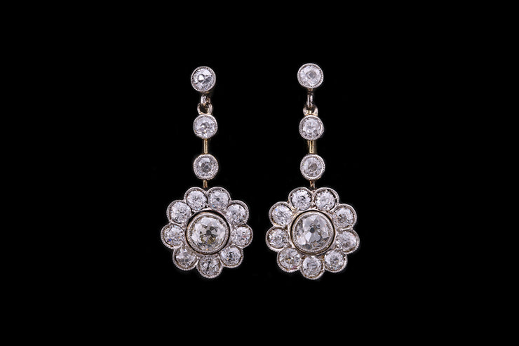 18ct Yellow and White Gold Diamond Cluster Flower Drop Earrings