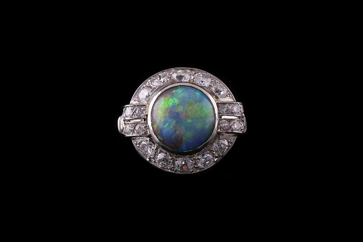 French Platinum Diamond and Opal Cluster Dress Ring