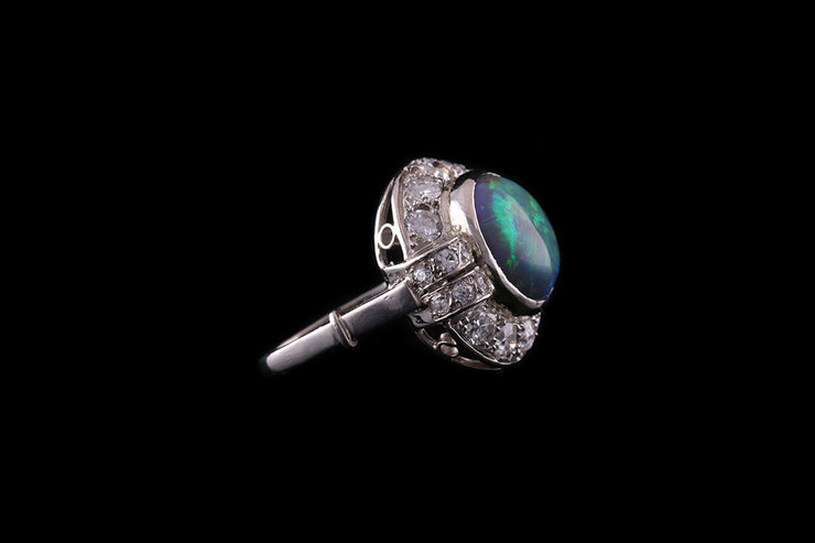 French Platinum Diamond and Opal Cluster Dress Ring