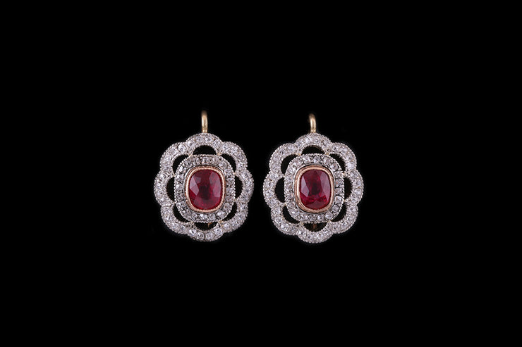 18ct Yellow and White Gold Ruby and Diamond Scalloped Edge Earrings