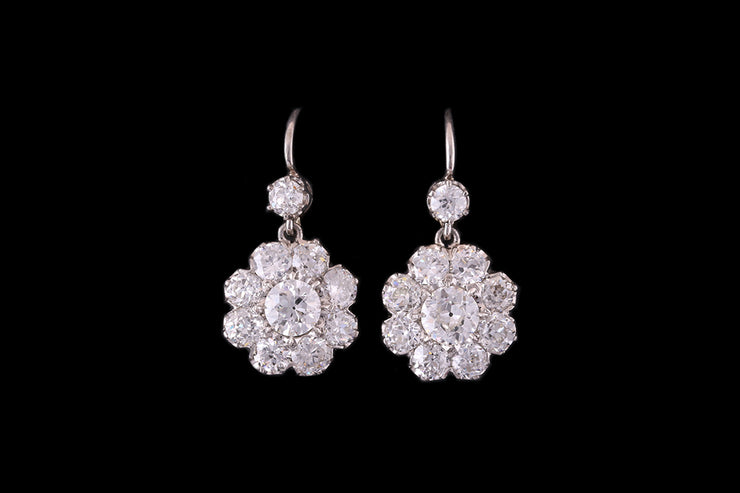 18ct White Gold Diamond Cluster Flower Drops Earrings