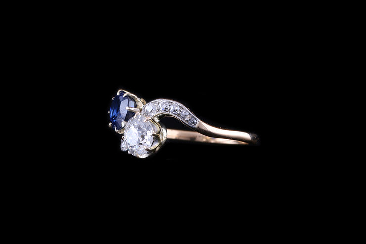 18ct Yellow Gold Sapphire and Diamond Two Stone Twist Ring