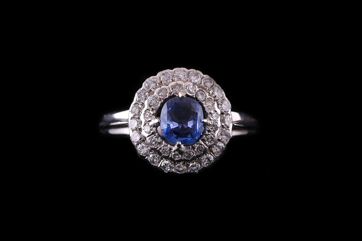 18ct White Gold Diamond and Sapphire Double Cluster Dress Ring