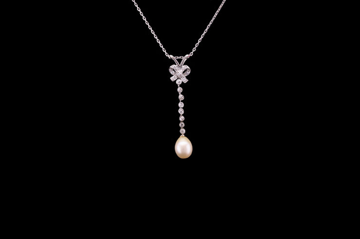 18ct White Gold Diamond and Pearl Drop Pendant