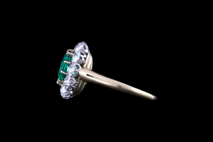 18ct Yellow Gold and Silver Diamond and Emerald Square Cushion Ring