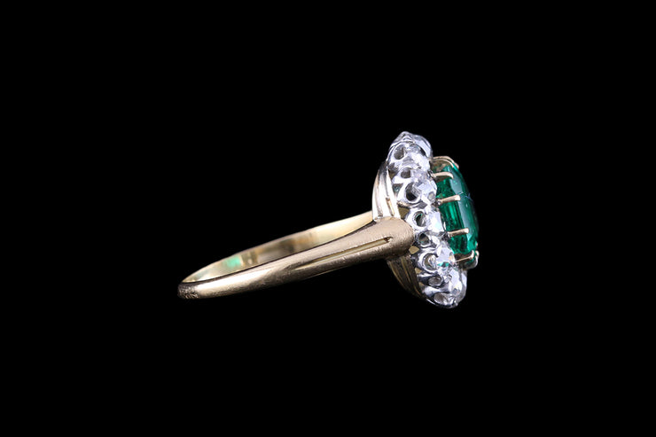 18ct Yellow Gold and Silver Diamond and Emerald Square Cushion Ring