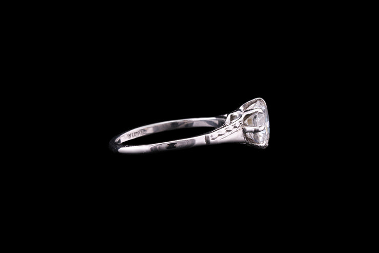 Platinum Diamond Single Stone Engraved Shoulder Ring
