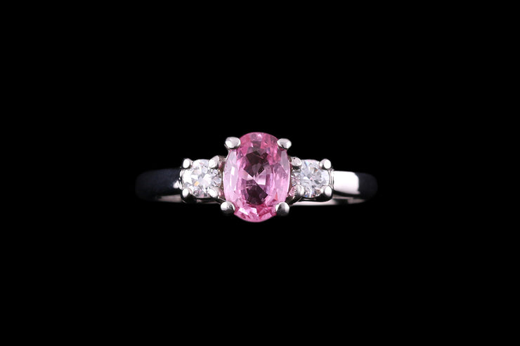 14ct White Gold Pink Sapphire and Diamond Three Stone Ring