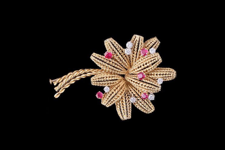 18ct Yellow Gold Ruby and Diamond Flower Brooch