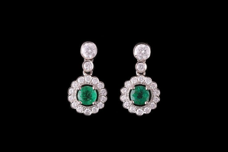 18ct White Gold Emerald and Diamond Target Drop Earrings