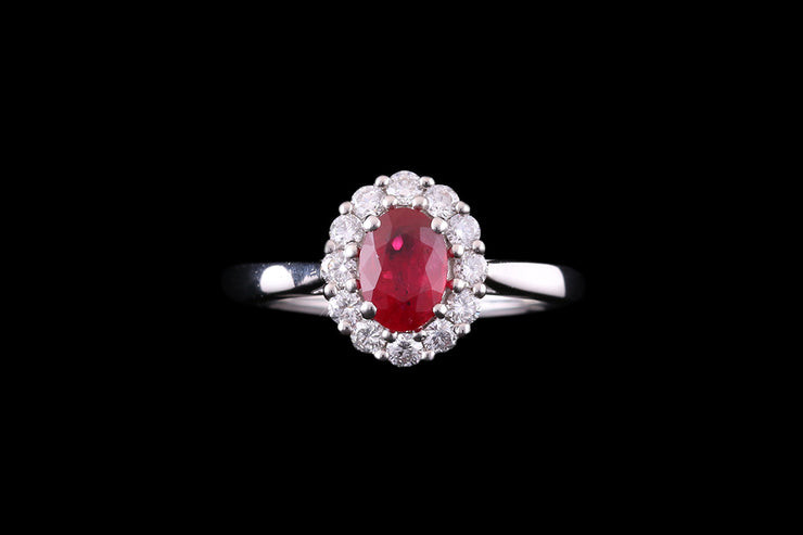Platinum Diamond and Ruby Oval Cluster Ring