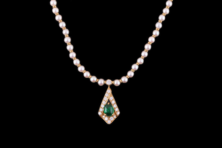 18ct Yellow Gold Pearl Bead Necklace with Diamond and Emerald Pendant
